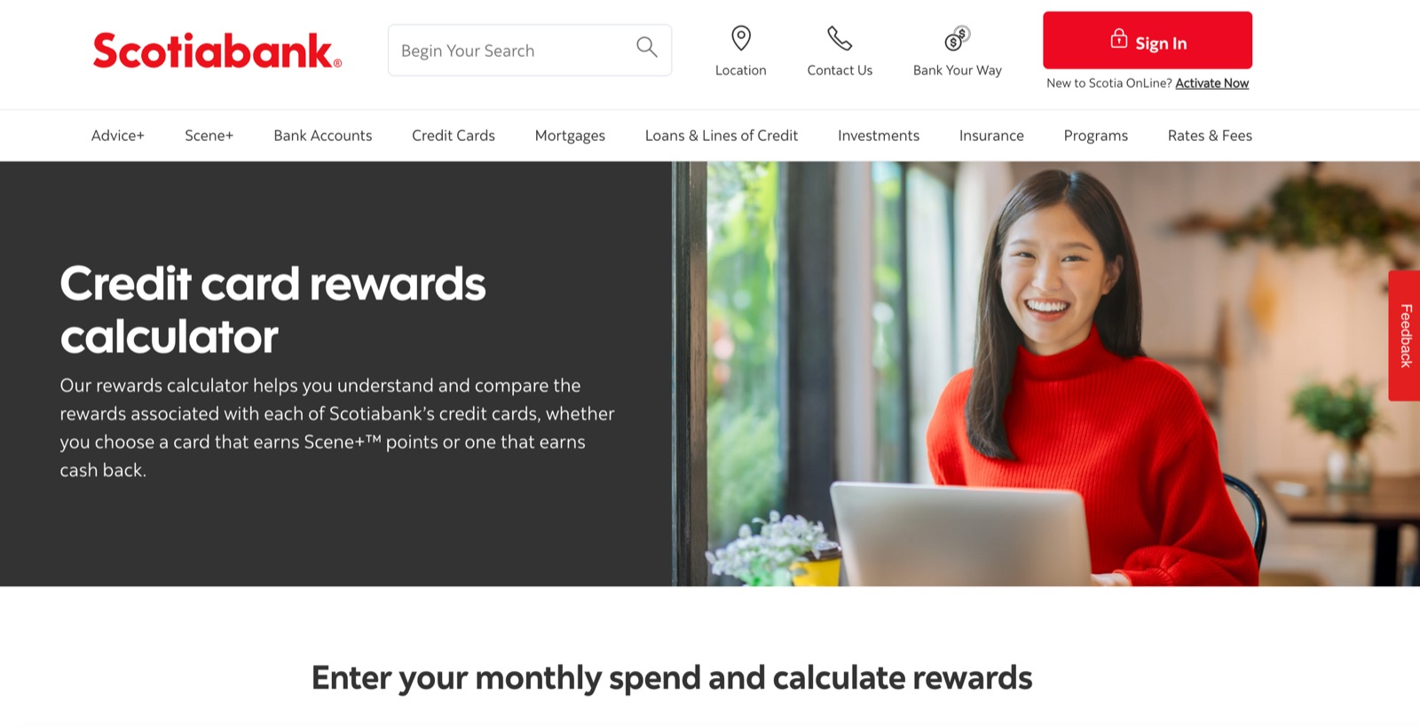 Scotiabank Credit Card Rewards Calculator — main interface